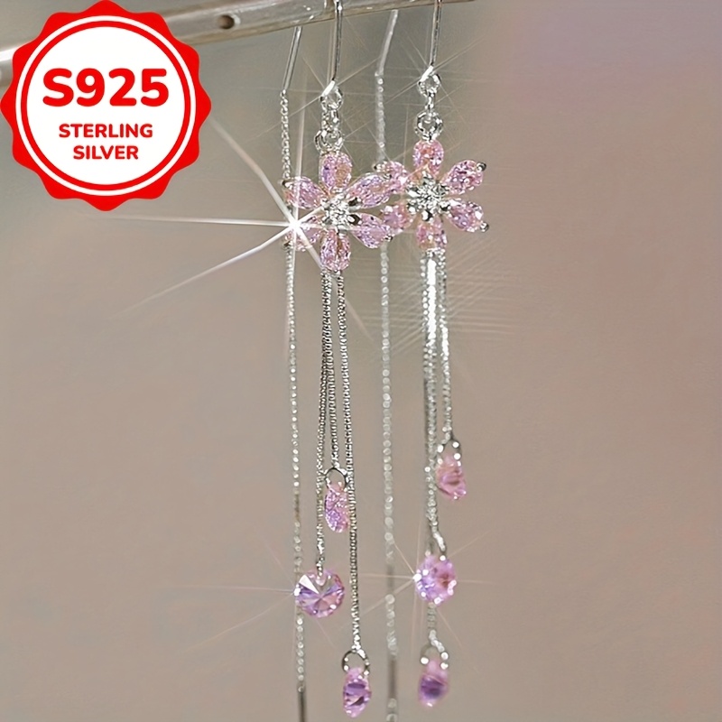 S925 Sterling Silver Flower Long Tassel Pendant Earrings